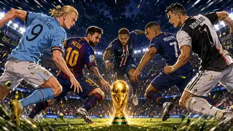 Composição visual representando campanhas publicitárias criadas com inteligência artificial, com jogadores de futebol em estilo anime reunidos ao redor de um troféu.