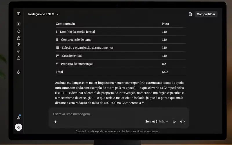 Tela do Claude mostrando notas estimadas para as cinco competências de uma redação do Enem.