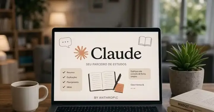 Notebook apresentando o Claude como parceiro para resumos, explicações, planejamento e ideias de estudo.